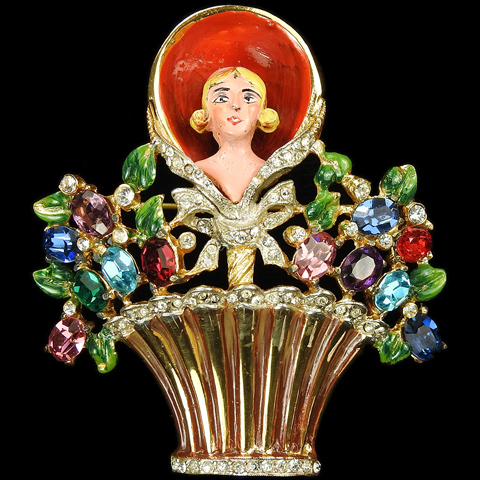 Corocraft Sterling Gold Pave Enamel and Multicolour Stones Portrait Bust of a Lady in a Flower Basket Pin