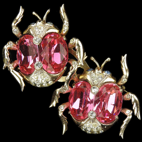 Coro Sterling Gold Pave and Pink Topaz Pair of Beetles Pin Clip Duette