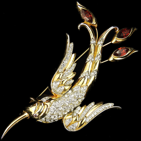 Corocraft Gold Pave and Rubies Giant Lyre and Spatule Tailed Hummingbird Bird Pin