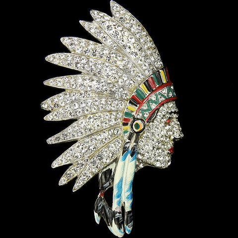 Coro Pave and Enamel Large American Indian Chief's Head Pin