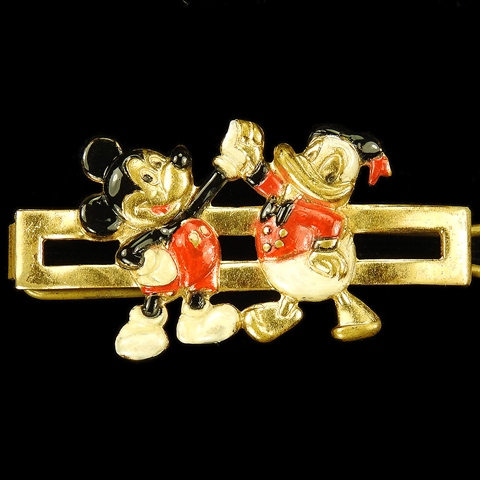 Coro (?) Walt Disney Jewelry Gold and Enamel Mickey Mouse and Donald Duck Hair Barrette