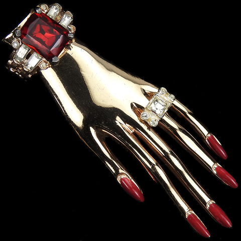 Corocraft Sterling Gold Enamelled Nails and Ruby Bejewelled Hand Pin Clip 