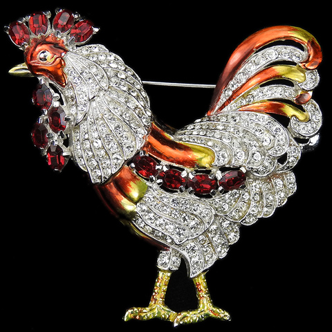 Coro Pave Ruby and Metallic Enamel Rooster Pin
