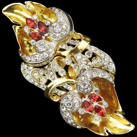 Corocraft Sterling Gold Pave and Rubies Double Flowers Pin Clip Duette