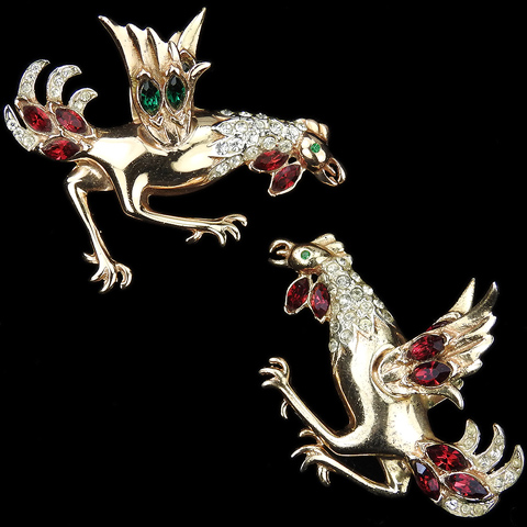 Corocraft Sterling Gold Pave Emeralds and Rubies Pair of Fighting Cock Bird Pins