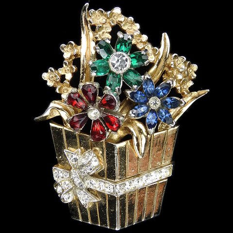 Coro (unsigned) Gold Pave and Tricolour Flowers in a Square Flower Basket Pin