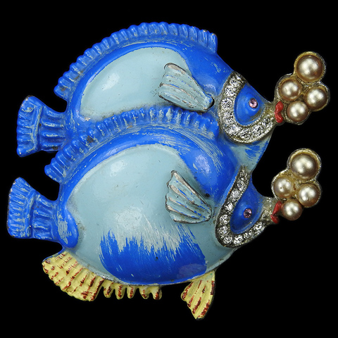 Coro Pave and Enamel Two Tropical Fish with Pearl Bubbles Pin