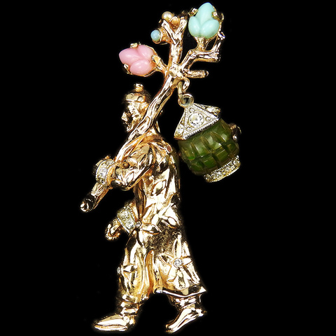 Coro 'Adolph Katz' Gold Chinese Man Carrying a Branch with Fruit Salad Leaves and Pendant Jade Lantern Pin