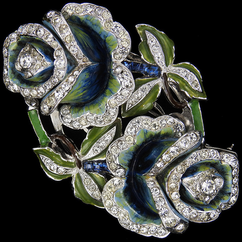 Coro 'Jewels of Fantasy' Pave Enamel and Invisibly Set Sapphires Double Roses Pin Clip Duette