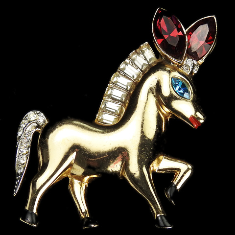 Coro Gold Pave Rubies and Baguettes 'Dancing Donkey' Pin