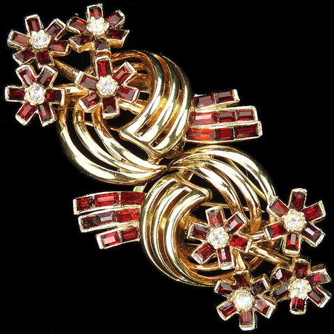 Coro Gold Swirls and Invisibly Set Rubies Flower Pin Clip Duette