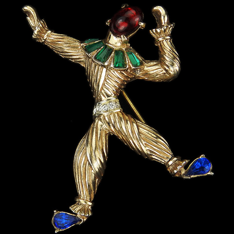 Coro Sterling Gold Ruby Cabochon Emeralds and Sapphires Dancing Boy Rag Doll Pin