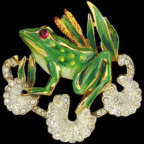 Corocraft Sterling Gold Pave and Enamel Frog on Three Lily Pads Pin