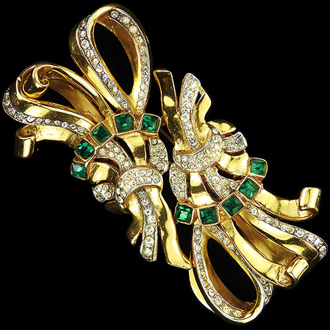 Corocraft Sterling Gold Pave and Emeralds Double Bowknot Bows Pin Clip Duette