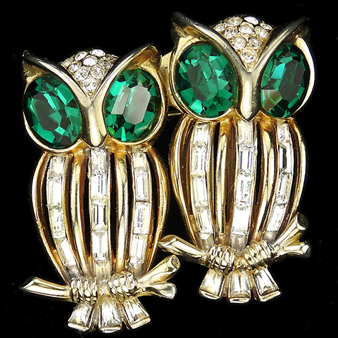 Corocraft Gold Emeralds and Diamante Baguettes Owls Duette