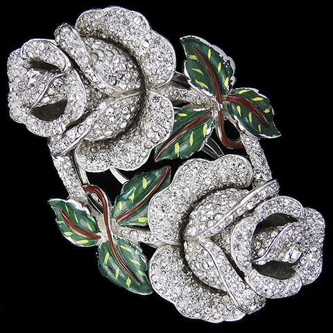 Coro 'Jewels of Fantasy' Pave Flowers and Enamel Leaves Double Roses Pin Clip Duette