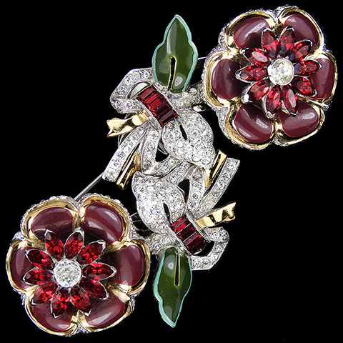 Coro Gold Pave Invisibly Set Rubies and Enamel Trembling Camellias Dress Clips Duette