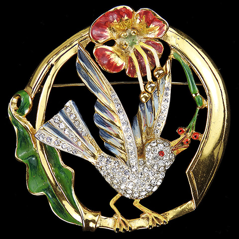 Corocraft Sterling Gold and Enamel Bird Eating Berries in a Circular Flower Garland Floral Pin
