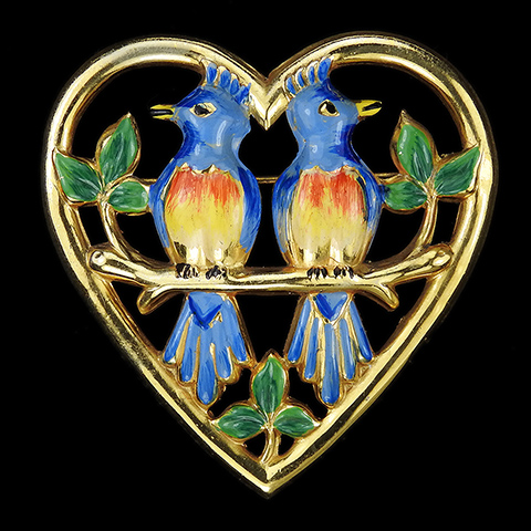 Coro Gold and Enamel Two Lovebirds on a Branch in a Golden Heart Bird Pin