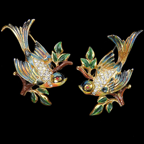 Corocraft Sterling Pave and Enamel Matched Pair of Birds on Branches Pins