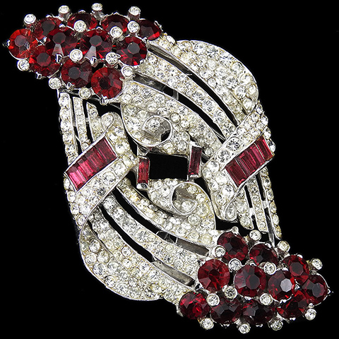 Coro Pave Baguettes and Invisibly Set Rubies Double Deco Floral Spray with Bows Duette