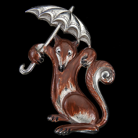 Corocraft Sterling and Enamel Big Bad Wolf (or Fox) with Umbrella Pin