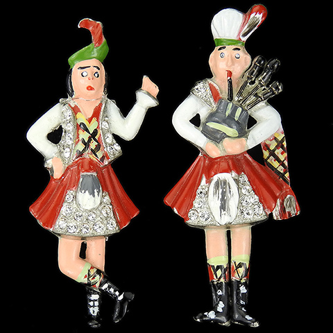 Coro 'Gene Verrecchio' Pave and Enamel Pair of Foot-Tapping Scottish Bagpiper and Highland Dancing Lady Pin Clips