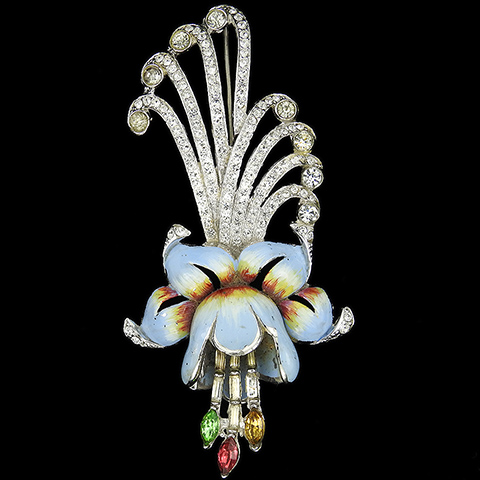 Coro (? unsigned) Pave Enamel and Baguettes Giant Columbine with Multicolour Stamens Flower Pin