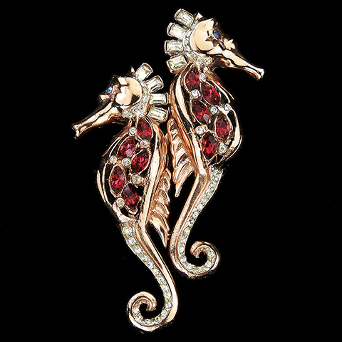 Corocraft Sterling Gold Pave Diamante Baguettes and Rubies Seahorse Duette