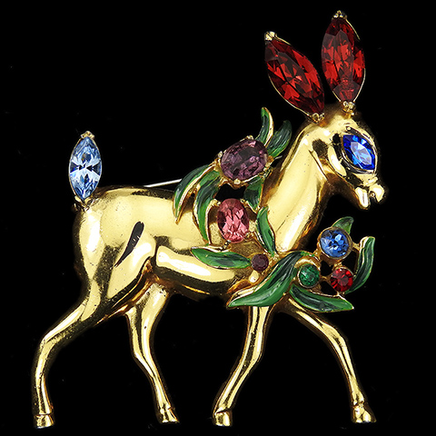 Corocraft Sterling Gold Enamel and Multicolour Stones Donkey with Flower Garland Pin