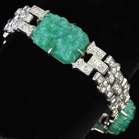 Coro 1930s Pave and Jade Flower Patterns Ming Style Link Bracelet