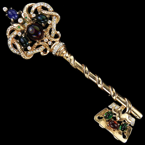 Corocraft Sterling Gold and Pave Snakes Heads Tricolour Cabochons Giant Key Pin