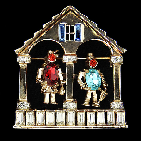 Corocraft Sterling Gold and Baguettes Lady and Gentleman with Umbrella Weather House Barometer Pin