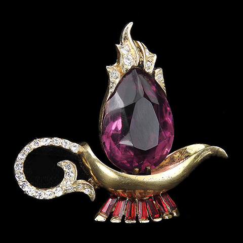 Corocraft Sterling Gold Pave Ruby Baguettes and Amethyst Flame 'Aladdin's  Lamp' Pin