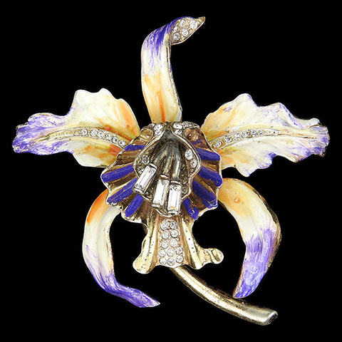 Corocraft Sterling Gold Pave Enamel and Diamante Baguettes Orchid Pin