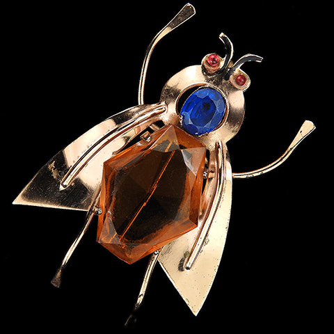 Coro Sterling Sapphire and Citrine Faceted Belly Bug Pin