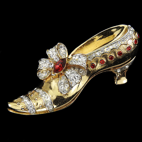 Coro Gold and Pave Lady's Opera Slipper High Heeled Shoe with Bow Pin
