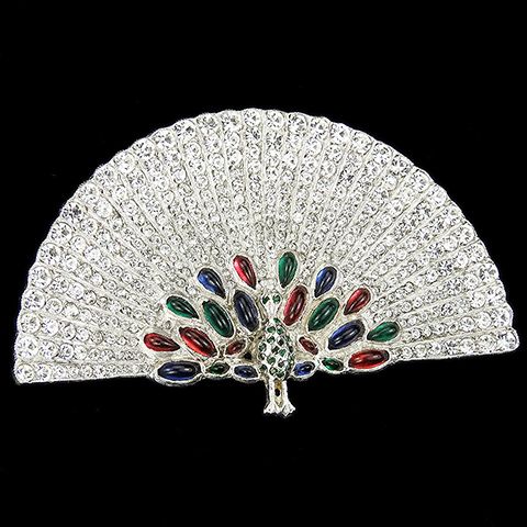Coro Pave and Tricolour Cabochons Peacock Bird with Giant Semicircular Fan Tail Dress Clip