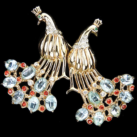 Coro Sterling Gold Pave Aquamarine and Ruby 'Chinese' Pair of Peacocks Bird Duette