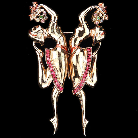 Corocraft Sterling Gold Metallic Enamel and Invisibly Set Rubies Mirror Image Bacchanal Dancing Girls Holding Grape Clusters Pin Clip Duette