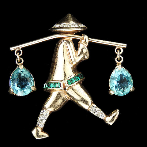 Corocraft Sterling Gold Pave Invisibly Set Emeralds and Aquamarines Chinese Water Carrier Pin