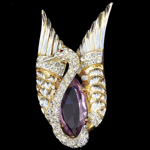 Corocraft Sterling Pave Amethyst Crystal and Enamel White Swan Bird Pin