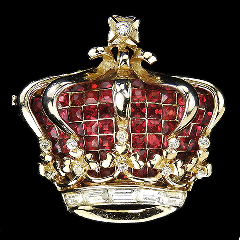 Corocraft 'Golden Jubilee' Invisibly Set Ruby and Diamante Baguettes Royal Crown Pin