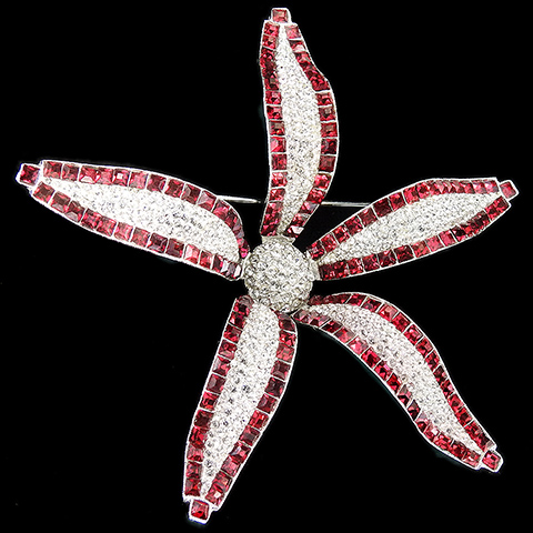 Coro Giant Pave and Invisibly Set Rubies Five Petalled Star Flower Pin