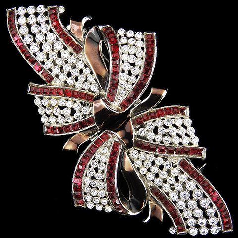 Coro Pave Openwork Enamel and Invisibly Set Rubies Bow Dress Clip Duette