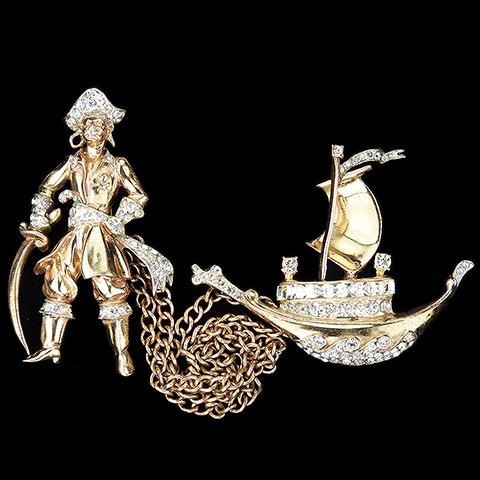 Corocraft Sterling Gold Pave and Baguettes Pirate with Cutlass Sword and Pirate Ship Chatelaine Pins