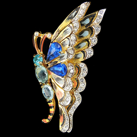 Corocraft Sterling Gold Pave Aquamarine Blue Topaz Sapphire and Enamel Butterfly Pin Clip