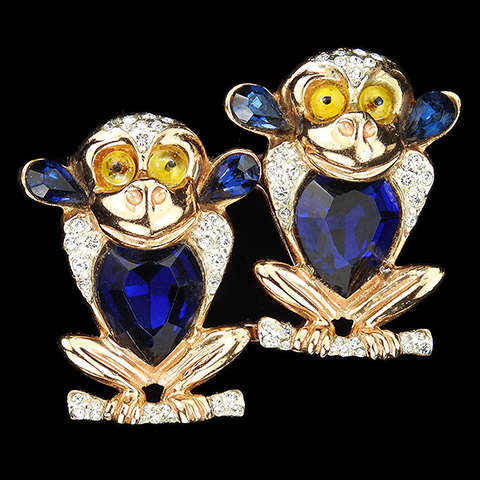 Coro Sterling Gold Pave and Sapphires Twin Monkeys Duette