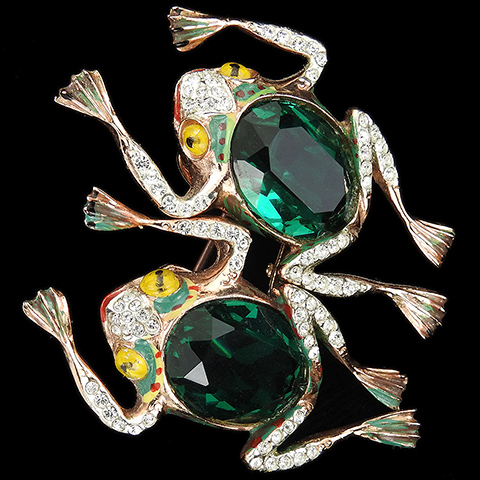 Coro Sterling Pave Enamel and Emerald Faceted Belly Frogs Duette