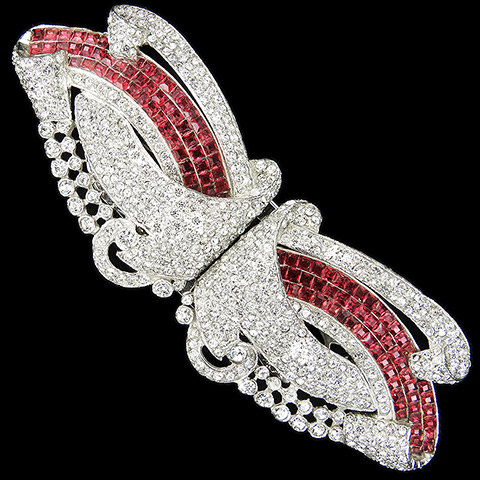 Coro Pave Openwork Bow Swirls and Invisibly Set Rubies Deco Dress Clip Duette